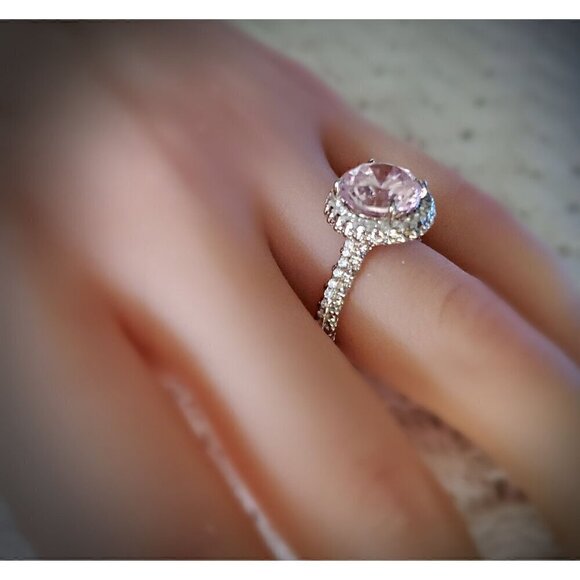 Pink & White Round Diamond Simulant, Cubic Zirconia Rhodium Over Sterling Silver - Picture 2 of 4